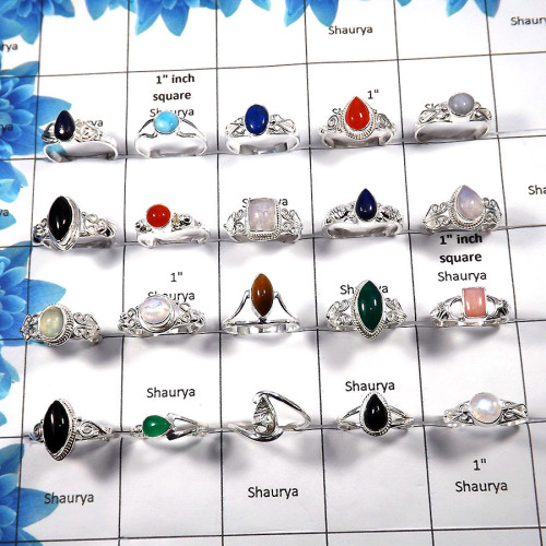 100 Gms 4 to 9 Natural Mix Cab Gemstone Solid 925 Sterling Silver Assorted Wholesale Ring Lot Approx. 30 To 35 Pcs. WSLR992