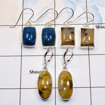 3 Pair Multi Gemstone Cab Earring A - BVE976 Cab Dendritic Agate, Shattuckite, Bumble Bee Solid 925 Sterling Silver Plain Earrin