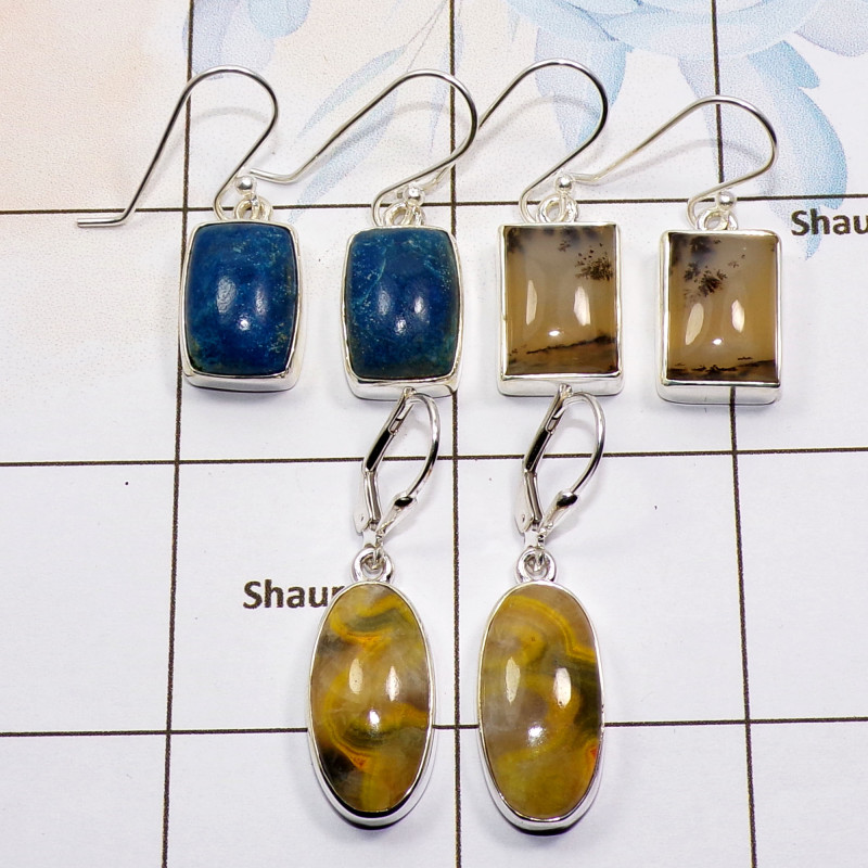 3 Pair Multi Gemstone Cab Earring A - BVE976 Cab Dendritic Agate, Shattuckite, Bumble Bee Solid 925 Sterling Silver Plain Earrin 3 Pair Multi Gemstone Cab Earring A - BVE976 Cab Dendritic Agate, Shattuckite, Bumble Bee Solid 925 Sterling Silver Plain Earrin