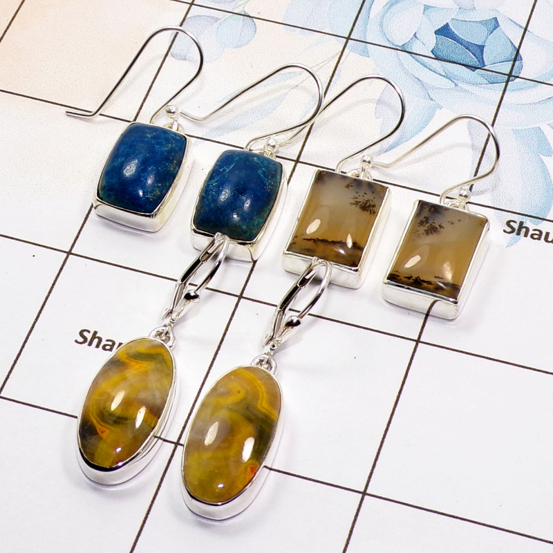 3 Pair Multi Gemstone Cab Earring A - BVE976 Cab Dendritic Agate, Shattuckite, Bumble Bee Solid 925 Sterling Silver Plain Earrin 3 Pair Multi Gemstone Cab Earring A - BVE976 Cab Dendritic Agate, Shattuckite, Bumble Bee Solid 925 Sterling Silver Plain Earrin
