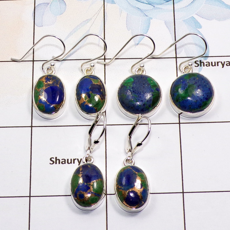 3 Pair Azurite in Malachite Gemstone Cab Earring A - BVE977 Cab Solid 925 Sterling Silver Plain Earring Wholesale Lot 3 Pair Azurite in Malachite Gemstone Cab Earring A - BVE977 Cab Solid 925 Sterling Silver Plain Earring Wholesale Lot
