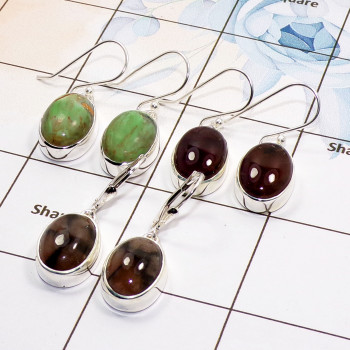 3 Pair Multi Gemstone Cab Earring A - BVE979 Cab Variscite, Cacoxenite, Chastolite Solid 925 Sterling Silver Plain Earring Whole