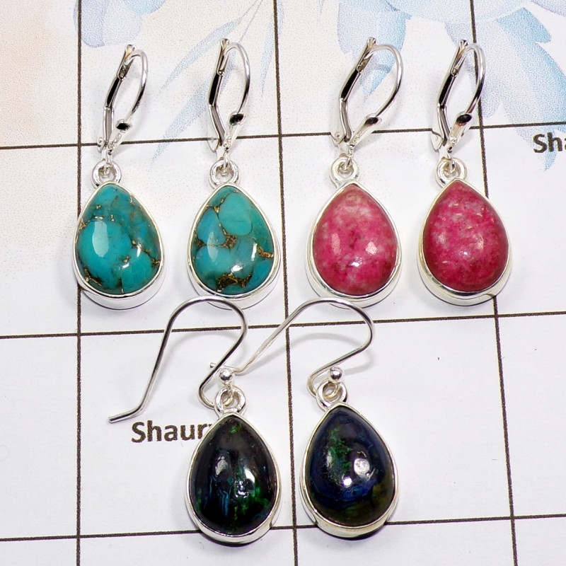 3 Pair Multi Gemstone Cab Earring A - BVE980 Cab Blue Copper Turquoise, Azurite, Thulite Solid 925 Sterling Silver Plain Earring 3 Pair Multi Gemstone Cab Earring A - BVE980 Cab Blue Copper Turquoise, Azurite, Thulite Solid 925 Sterling Silver Plain Earring