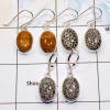 3 Pair Multi Gemstone Cab Earring A - BVE981 Cab Fossil Coral, Black Coral Solid 925 Sterling Silver Plain Earring Wholesale Lot