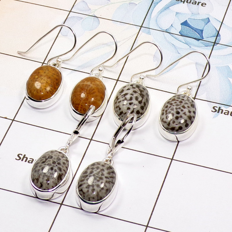3 Pair Multi Gemstone Cab Earring A - BVE981 Cab Fossil Coral, Black Coral Solid 925 Sterling Silver Plain Earring Wholesale Lot