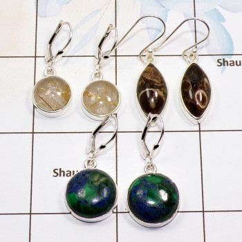 3 Pair Multi Gemstone Cab Earring A - BVE982 Cab Golden Rutile, Azurite in malachite, Turtella Jasper Solid 925 Sterling Silver 