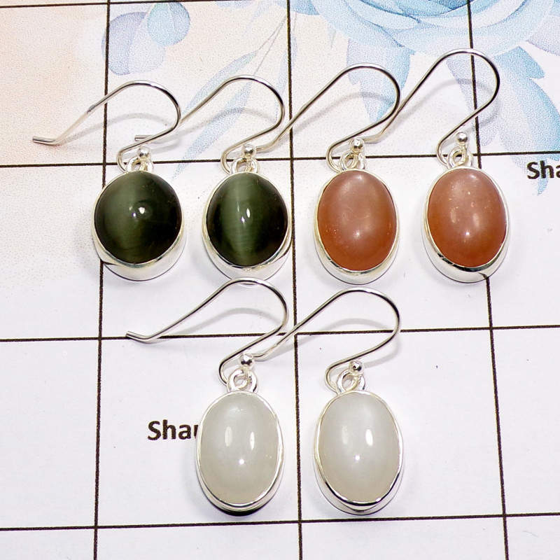 3 Pair Multi Gemstone Cab Earring A - BVE983 Cab Rainbow Moonstone, Cats Eye & Pink Opal Solid 925 Sterling Silver Plain Earring