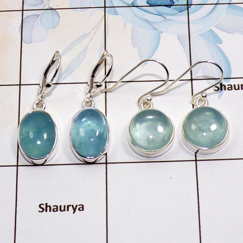 2 Pair Aquamarine Gemstone Cab Earring A - BVE988 Cab Solid 925 Sterling Silver Plain Earring Wholesale Lot 2 Pair Aquamarine Gemstone Cab Earring A - BVE988 Cab Solid 925 Sterling Silver Plain Earring Wholesale Lot