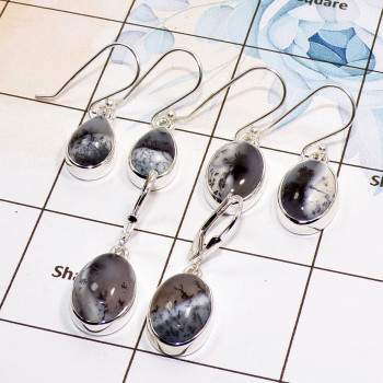 3 Pair Dendritic Agate Gemstone Cab Earring A - BVE989 Cab Solid 925 Sterling Silver Plain Earring Wholesale Lot