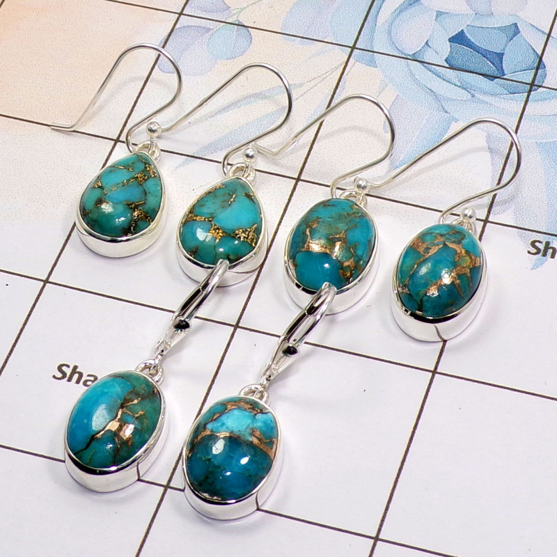 3 Pair Blue Copper Turquoise Gemstone Earring A -BVE991 Cab Blue Copper Turquoise Solid 925 Sterling Silver Plain Earring Wholes 3 Pair Blue Copper Turquoise Gemstone Earring A -BVE991 Cab Blue Copper Turquoise Solid 925 Sterling Silver Plain Earring Wholes