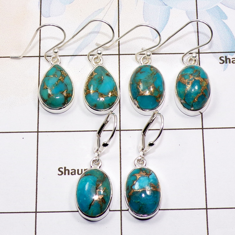 3 Pair Blue Copper Turquoise Gemstone Earring A -BVE991 Cab Blue Copper Turquoise Solid 925 Sterling Silver Plain Earring Wholes 3 Pair Blue Copper Turquoise Gemstone Earring A -BVE991 Cab Blue Copper Turquoise Solid 925 Sterling Silver Plain Earring Wholes