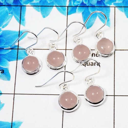 3 Pair Beautifui Rose Quartz Cab Earring A - BVE996 Round Rose Quartz Solid 925 Sterling Silver Plain Earring Lot