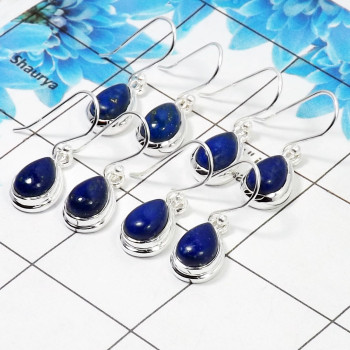4 Pair Elegant Lapis Lazuli Cab Earring G - BVE996 Pan Lapis Lazuli Solid 925 Sterling Silver Plain Earring Lot