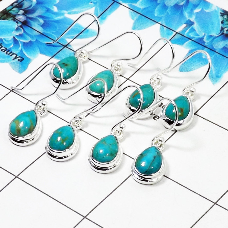 4 Pair Superb Blue Turquoise Cab Earring J - BVE996 Pan Blue Turquoise Solid 925 Sterling Silver Plain Earring Lot