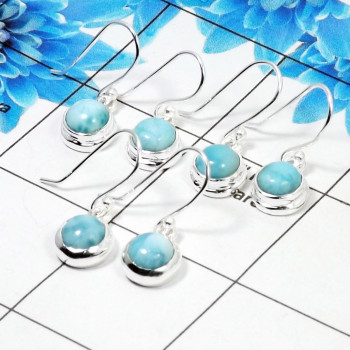 3 Pair Pretty Larimar Cab Earring K - BVE996 Round Larimar Solid 925 Sterling Silver Plain Earring Lot