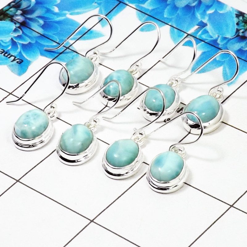 4 Pair Pretty Larimar Cab Earring L - BVE996 Oval Larimar Solid 925 Sterling Silver Plain Earring Lot 4 Pair Pretty Larimar Cab Earring L - BVE996 Oval Larimar Solid 925 Sterling Silver Plain Earring Lot