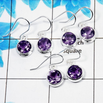 3 Pair Beautiful Amethyst Cut Earring A - BVE997 Round Amethyst Solid 925 Sterling Silver Earring Lot