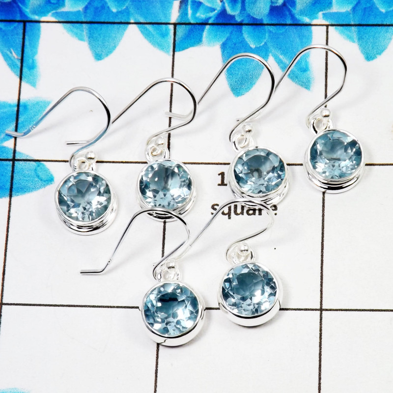 3 Pair Stunning Blue Topaz Cut Earring J - BVE997 Round Blue Topaz Solid 925 Sterling Silver Earring Lot