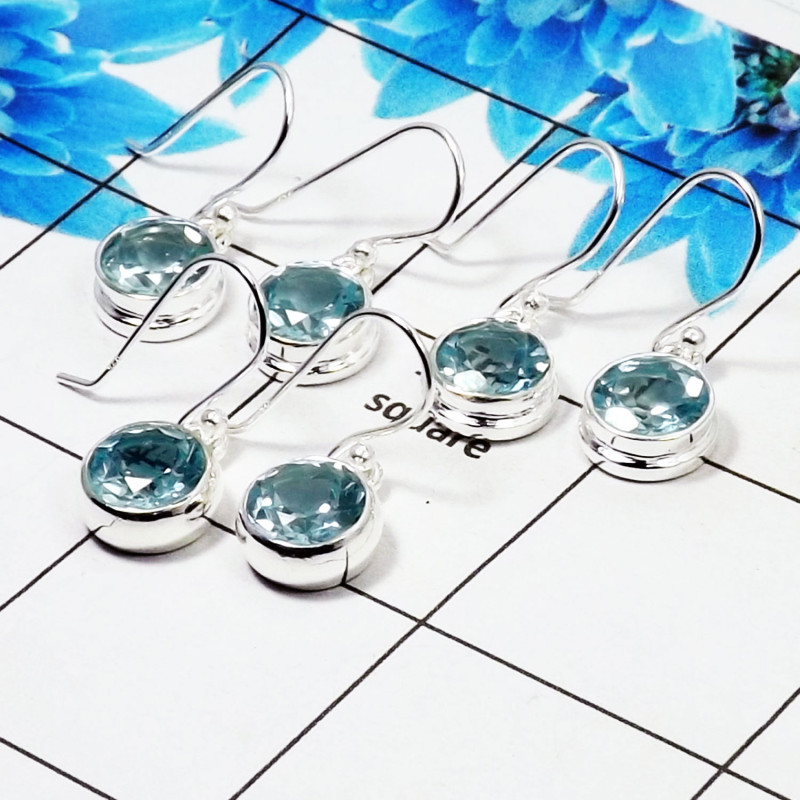 3 Pair Stunning Blue Topaz Cut Earring J - BVE997 Round Blue Topaz Solid 925 Sterling Silver Earring Lot