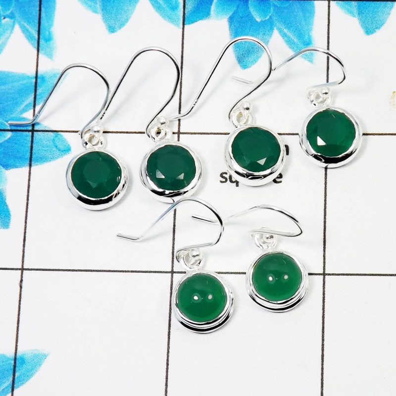 3 Pair Wonderful Green Onyx Cut & Cab Earring P - BVE997 Round Green Onyx Solid 925 Sterling Silver Earring Lot 3 Pair Wonderful Green Onyx Cut & Cab Earring P - BVE997 Round Green Onyx Solid 925 Sterling Silver Earring Lot