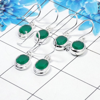3 Pair Wonderful Green Onyx Cut Earring Q - BVE997 Oval Green Onyx Solid 925 Sterling Silver Earring Lot