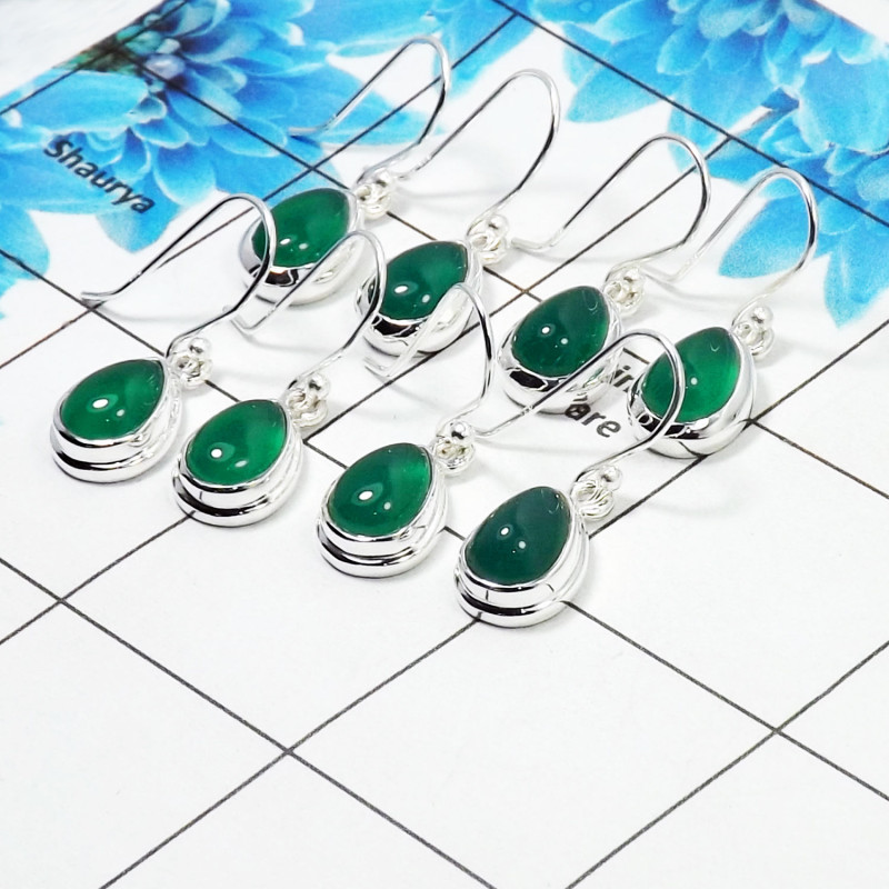 4 Pair Wonderful Green Onyx Cab Earring R - BVE997 Pan Green Onyx Solid 925 Sterling Silver Earring Lot 4 Pair Wonderful Green Onyx Cab Earring R - BVE997 Pan Green Onyx Solid 925 Sterling Silver Earring Lot