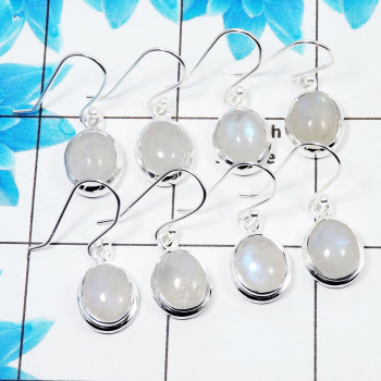 4 Pair Natural Rainbow Moonstone Cab Earring T - BVE997 Oval Rainbow Moonstone Solid 925 Sterling Silver Earring Lot