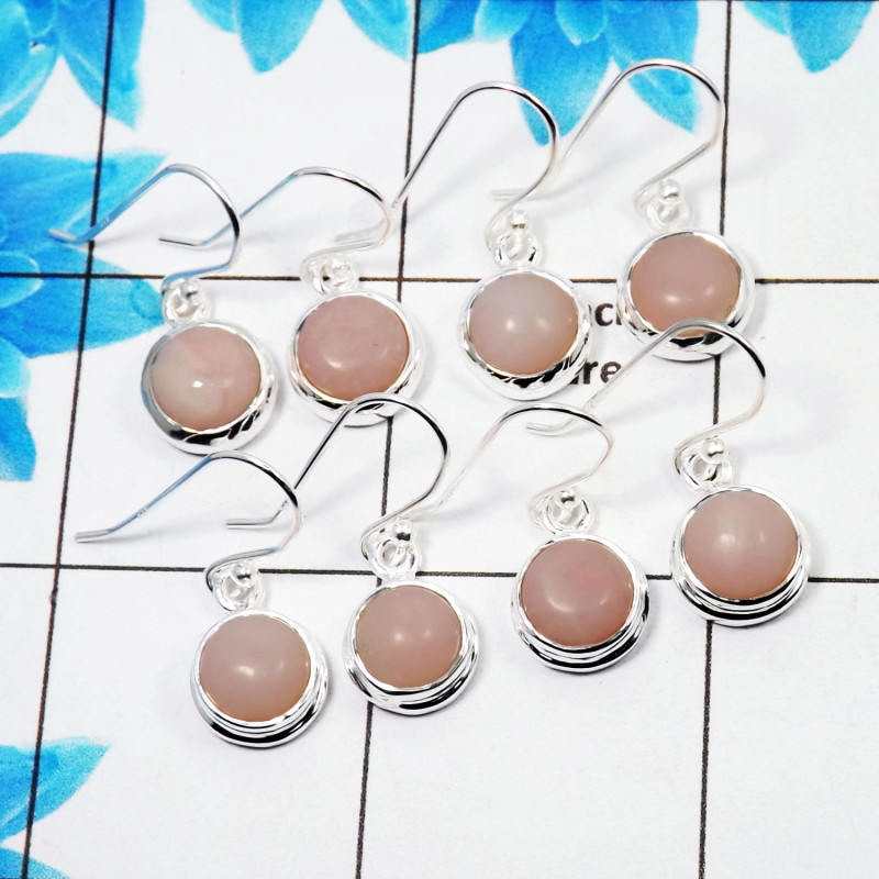 4 Pair Natural Pink Opal Cab Earring V - BVE997 Round Pink Opal Solid 925 Sterling Silver Earring Lot 4 Pair Natural Pink Opal Cab Earring V - BVE997 Round Pink Opal Solid 925 Sterling Silver Earring Lot