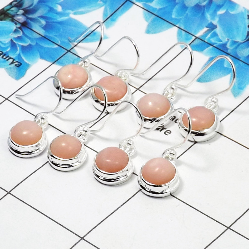 4 Pair Natural Pink Opal Cab Earring V - BVE997 Round Pink Opal Solid 925 Sterling Silver Earring Lot 4 Pair Natural Pink Opal Cab Earring V - BVE997 Round Pink Opal Solid 925 Sterling Silver Earring Lot