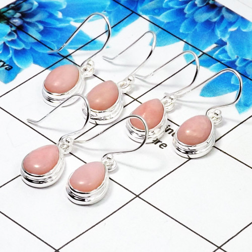 4 Pair Natural Pink Opal Cab Earring X - BVE997 Pan Pink Opal Solid 925 Sterling Silver Plain Earring Lot
