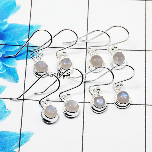 4Pair Rainbow Moonstone Cab Earring E - BVE999 Round Solid 925 Sterling Silver Earring Lot
