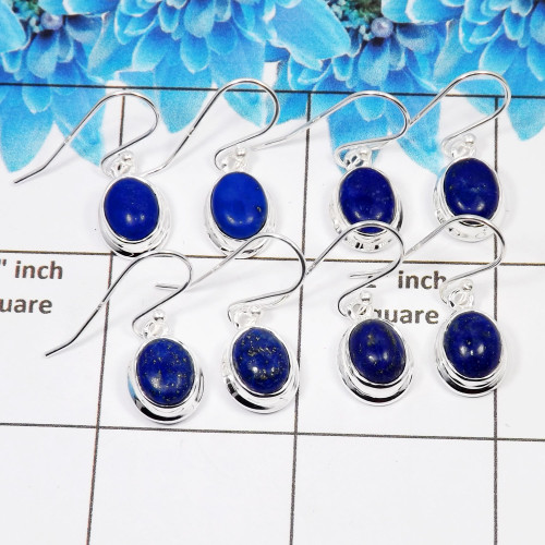 4Pair Lapis Lazuli Cab Earring H - BVE999 Oval Solid 925 Sterling Silver Earring Lot
