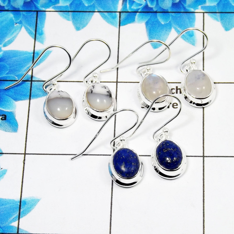 3Pair Dendrite Agate, Rainbow Moonstone & Lapis Lazuli Cab Earring L - BVE999 Oval Solid 925 Sterling Silver Earring Lot 3Pair Dendrite Agate, Rainbow Moonstone & Lapis Lazuli Cab Earring L - BVE999 Oval Solid 925 Sterling Silver Earring Lot