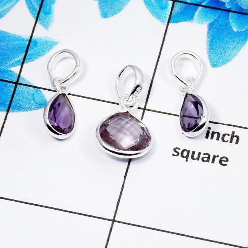 Amethyst Cut Pendant- A  BVP998 - Solid 925 Sterling Silver Bezel Set 3 Pcs Pendant Wholesale Lot