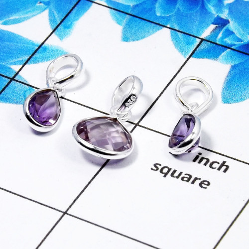 Amethyst Cut Pendant- A  BVP998 - Solid 925 Sterling Silver Bezel Set 3 Pcs Pendant Wholesale Lot