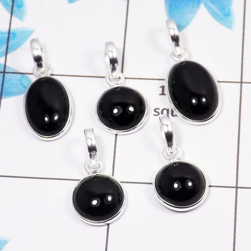 Black Onyx Cab Pendant- E  BVP999 - Solid 925 Sterling Silver Bezel Set 5 Pcs Pendant Wholesale Lot