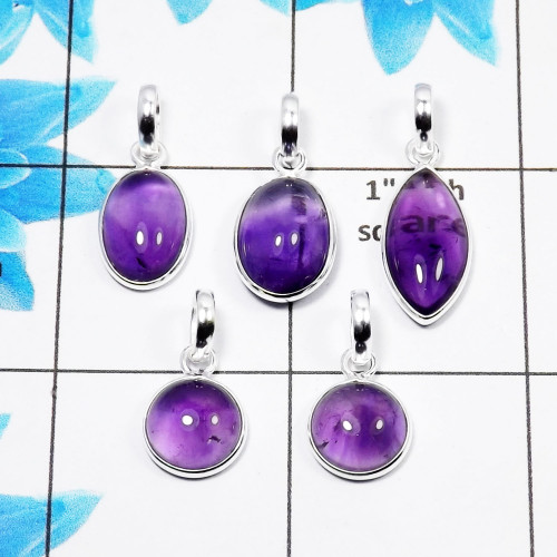 Amethyst Cab Pendant- A  BVP999 - Solid 925 Sterling Silver Bezel Set 5 Pcs Pendant Wholesale Lot