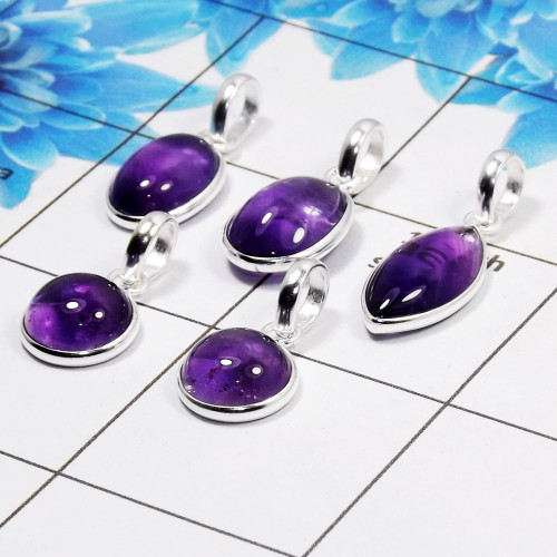 Amethyst Cab Pendant- A  BVP999 - Solid 925 Sterling Silver Bezel Set 5 Pcs Pendant Wholesale Lot