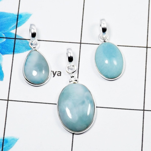 Larimar Cab Pendant- B  BVP999 - Solid 925 Sterling Silver Bezel Set 3 Pcs Pendant Wholesale Lot