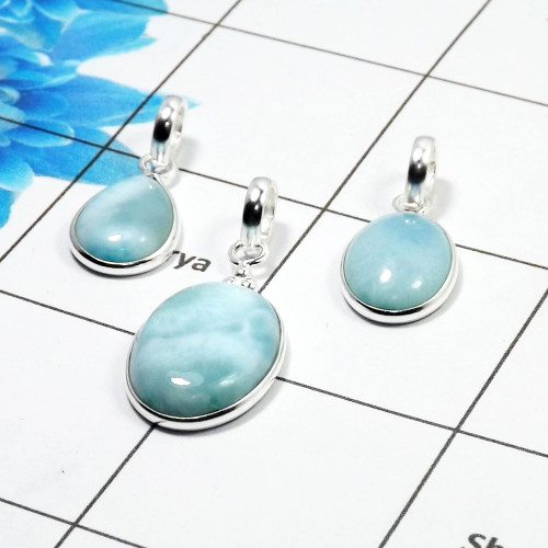 Larimar Cab Pendant- B  BVP999 - Solid 925 Sterling Silver Bezel Set 3 Pcs Pendant Wholesale Lot