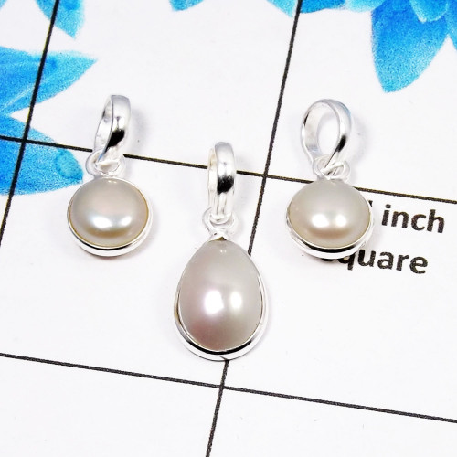 Pearl Cab Pendant- C  BVP999 - Solid 925 Sterling Silver Bezel Set 3 Pcs Pendant Wholesale Lot