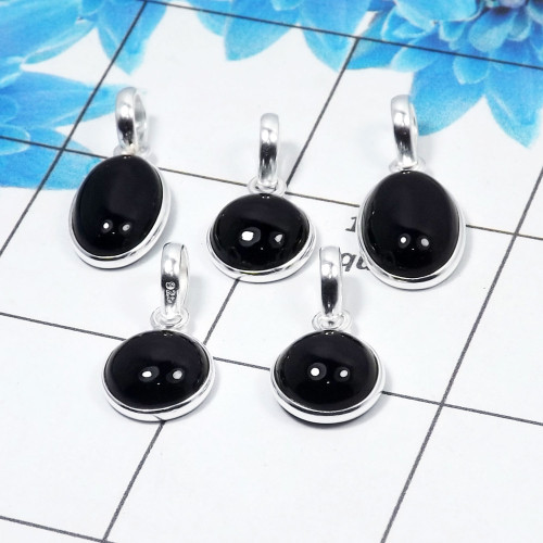 Black Onyx Cab Pendant- E  BVP999 - Solid 925 Sterling Silver Bezel Set 5 Pcs Pendant Wholesale Lot