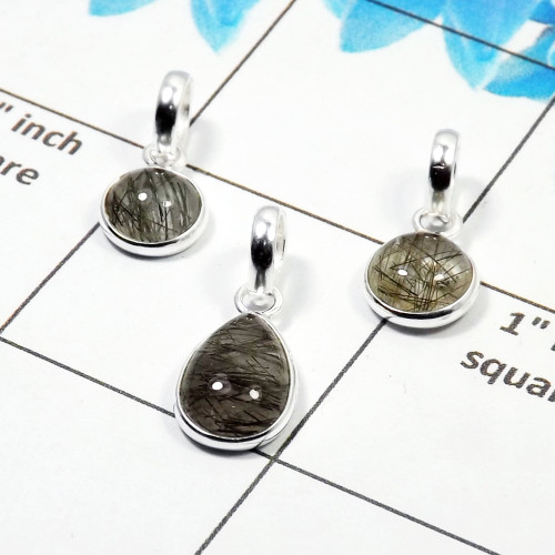 Black Rutile Cab Pendant- K  BVP999 - Solid 925 Sterling Silver Bezel Set 3 Pcs Pendant Wholesale Lot