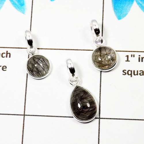 Black Rutile Cab Pendant- K  BVP999 - Solid 925 Sterling Silver Bezel Set 3 Pcs Pendant Wholesale Lot