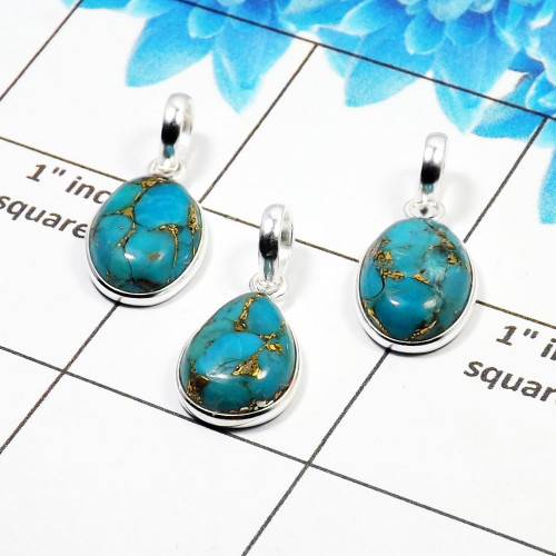 Blue Copper Turquoise Cab Pendant- L  BVP999 - Solid 925 Sterling Silver Bezel Set 3 Pcs Pendant Wholesale Lot