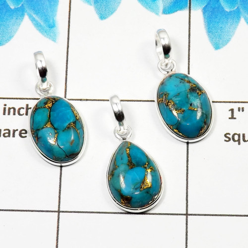Blue Copper Turquoise Cab Pendant- L  BVP999 - Solid 925 Sterling Silver Bezel Set 3 Pcs Pendant Wholesale Lot