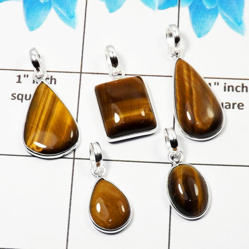 Tiger Eye Cab Pendant- N  BVP999 - Solid 925 Sterling Silver Bezel Set 5 Pcs Pendant Wholesale Lot