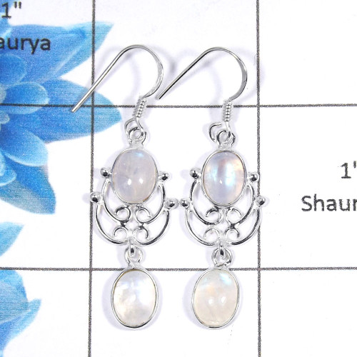 Rainbow Moonstone Cab E - BZE701 - Awesome Natural Blue fire Rainbow Moonstone Gemstone 925 Silver Bezel Earring