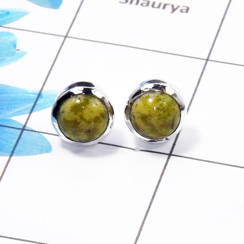 Connemara Marble Cab Stud Earring A - CME999 Round Solid 925 Sterling Silver Plain Stud Earring