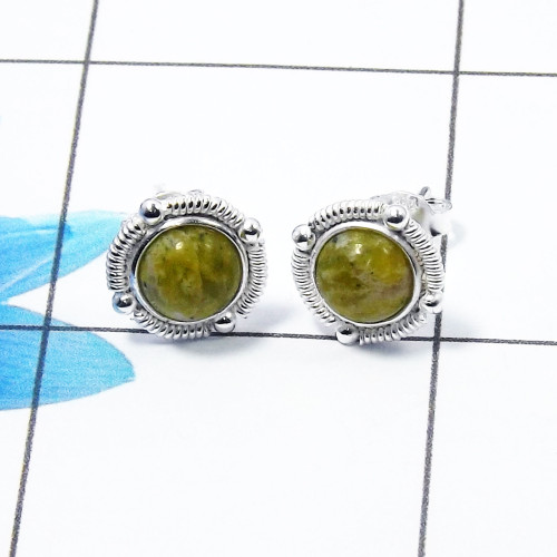 Connemara Marble Cab Stud Earring C - CME999 Round Solid 925 Sterling Silver Plain Stud Earring